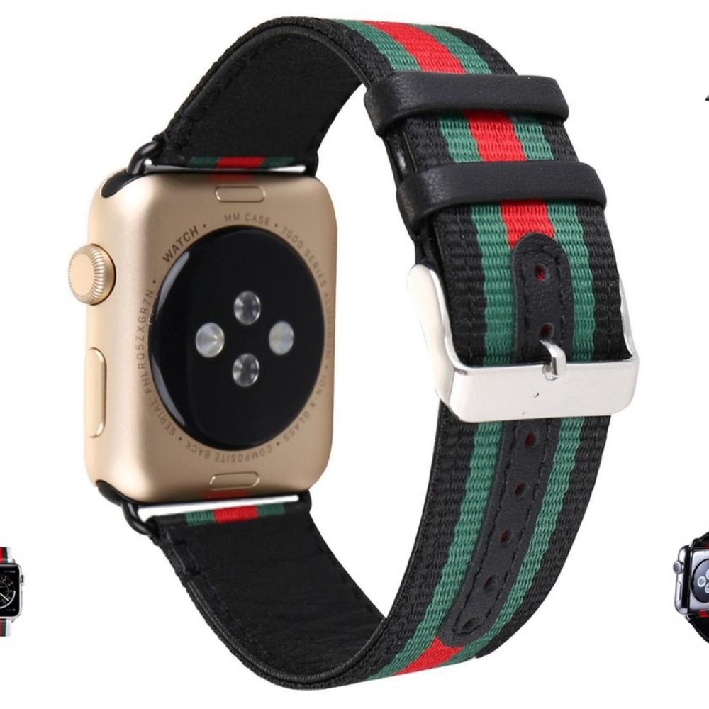 Striped Nylon Leather Watch Band Strap for Apple